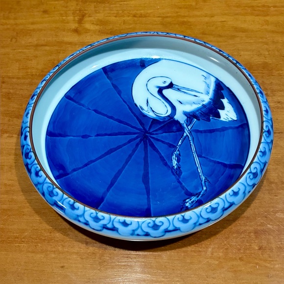 Vintage Japanese Blue and White Ceramic Plate with Crane Design